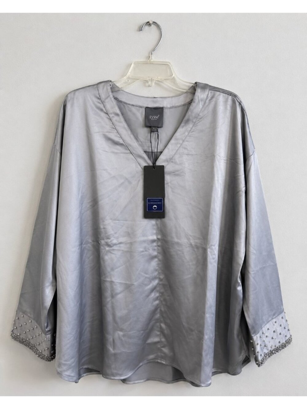 Lysse Womens Size XL Satin Blouse Tunic Beaded Embellished Long Sleeve NEW